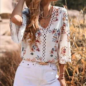 Boho floral print lace insert trumpet sleeve blouse